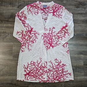 White and Pink Coral Pattern Swim Cover Up Dress